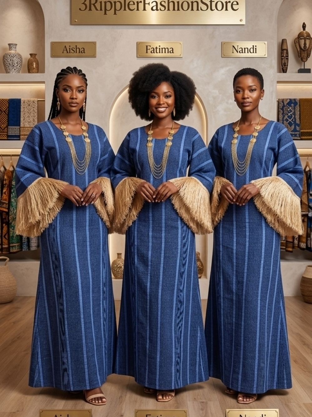 Tolu Blue Striped Maxi Dress with Fringe Sleeves
